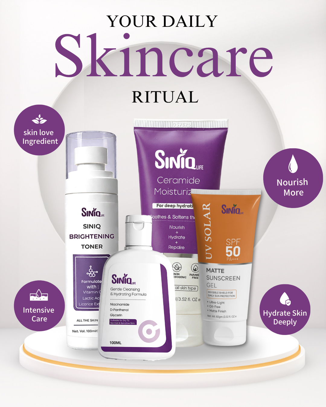 SINIQ LIFE 4-Step All-in-One Skincare Kit - Cleanser, Toner, Moisturizer, Sunscreen SPF 50